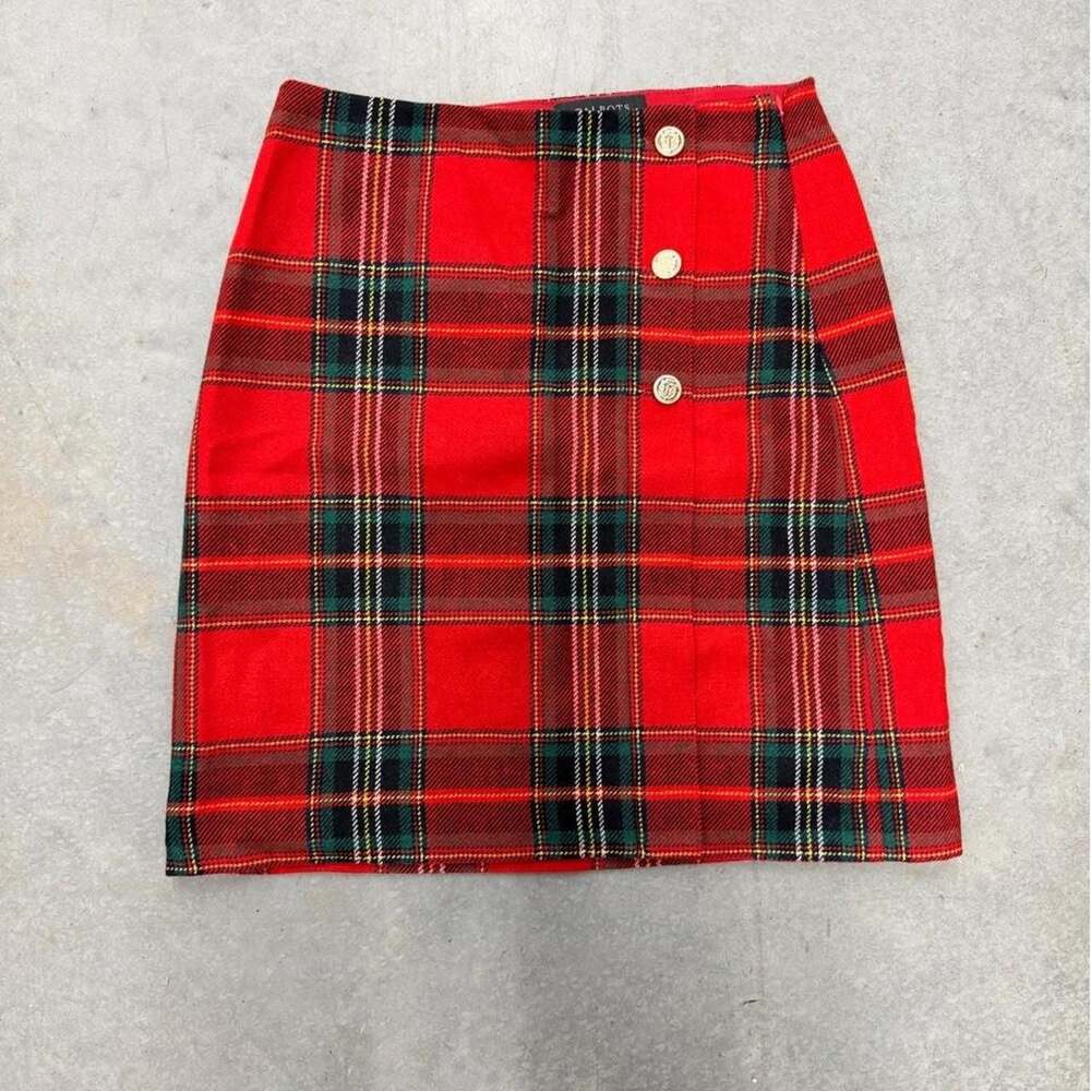 Talbots Petite Red Plaid Wool Blend Button Front Mini Skirt